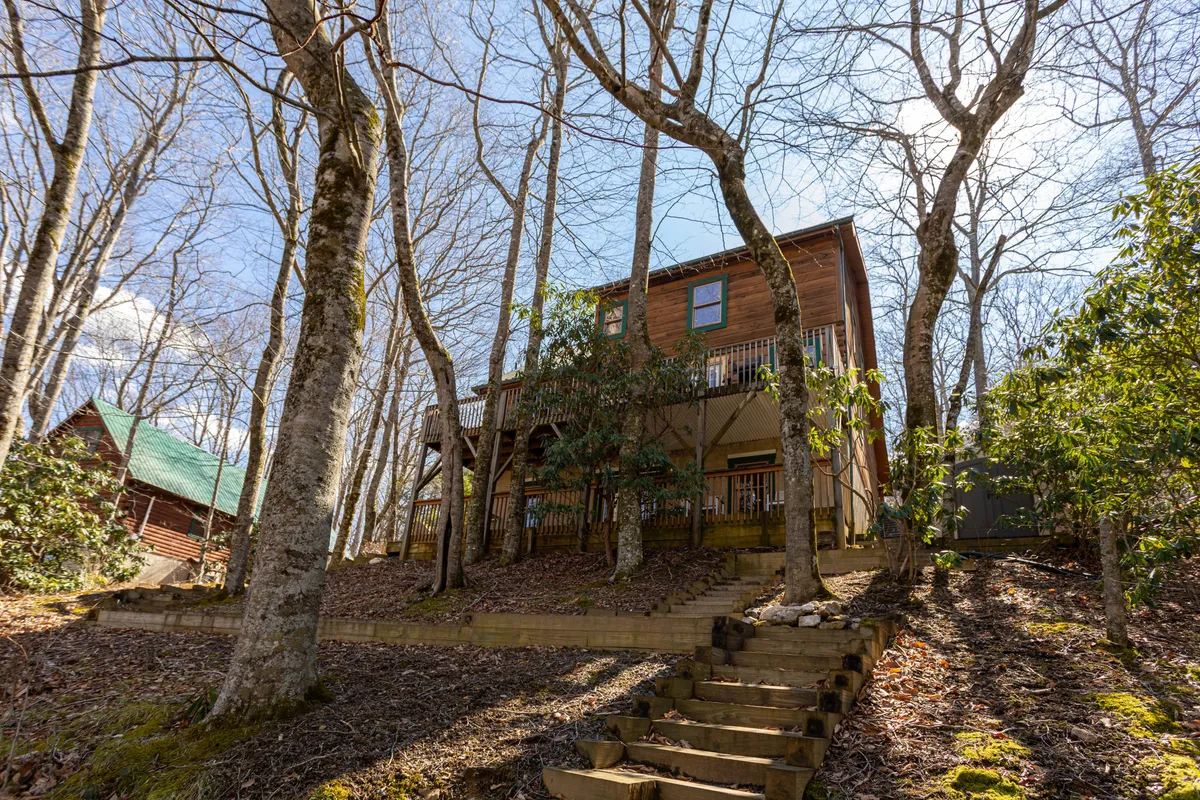 This image showcases the wooden house surrounded by lush trees, with a staircase leading up to expansive porches. The scene captures the tranquil atmosphere, inviting guests to relax on the porch, enjoy sunset views, or sip coffee while immersed in nature.